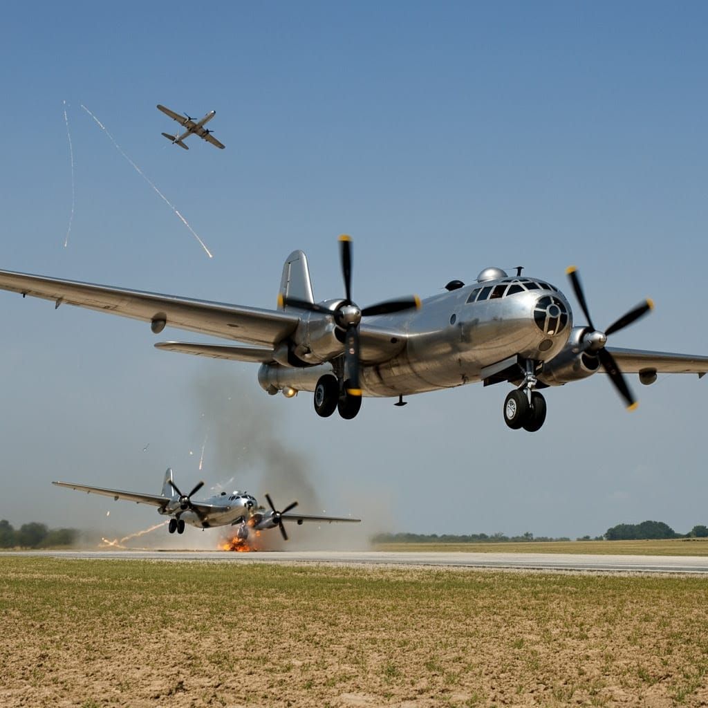 Damaged B-29 Bomber Lumbers Home After Flak Strike