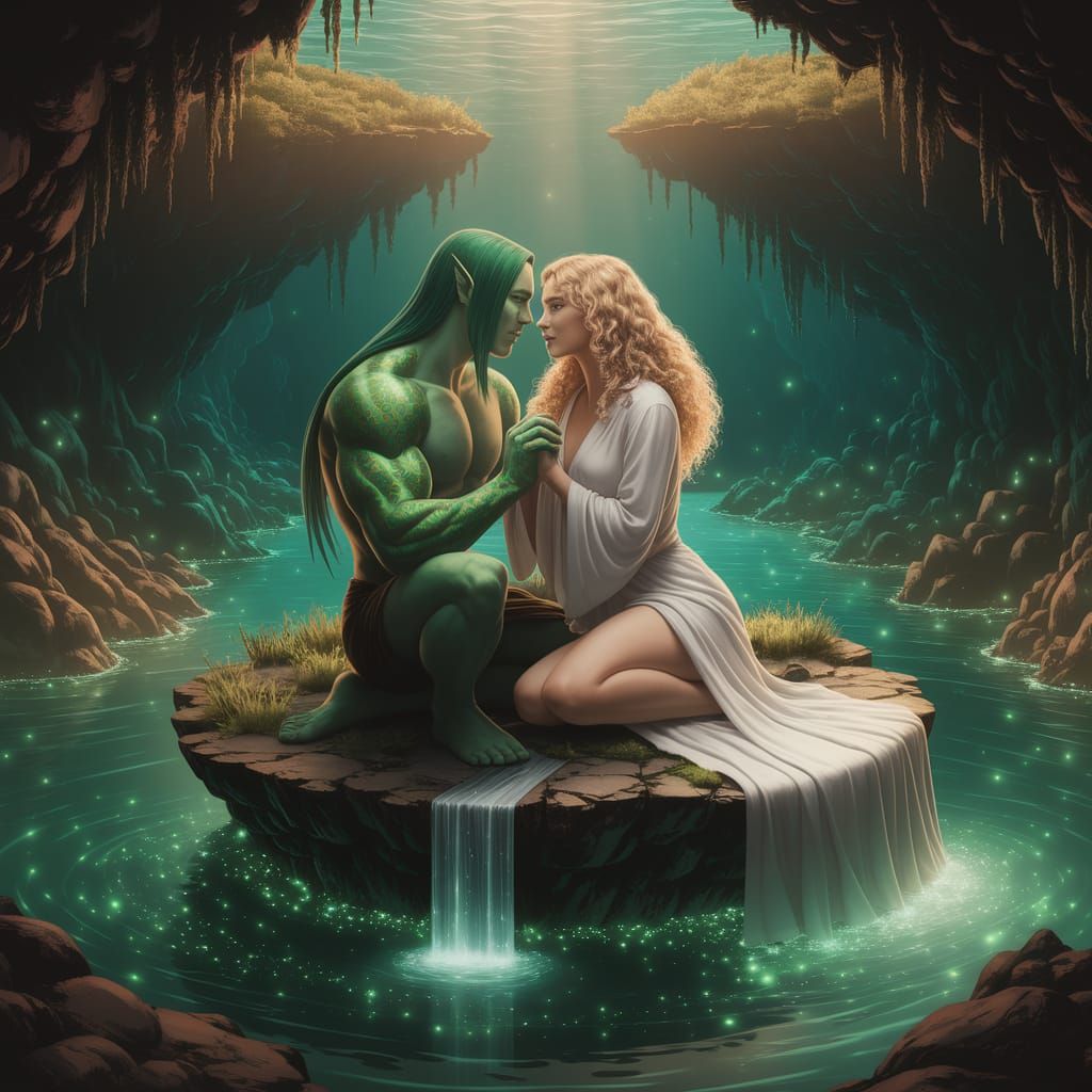 Sensual Underwater Scene with Lovers in an Illuminated Cave