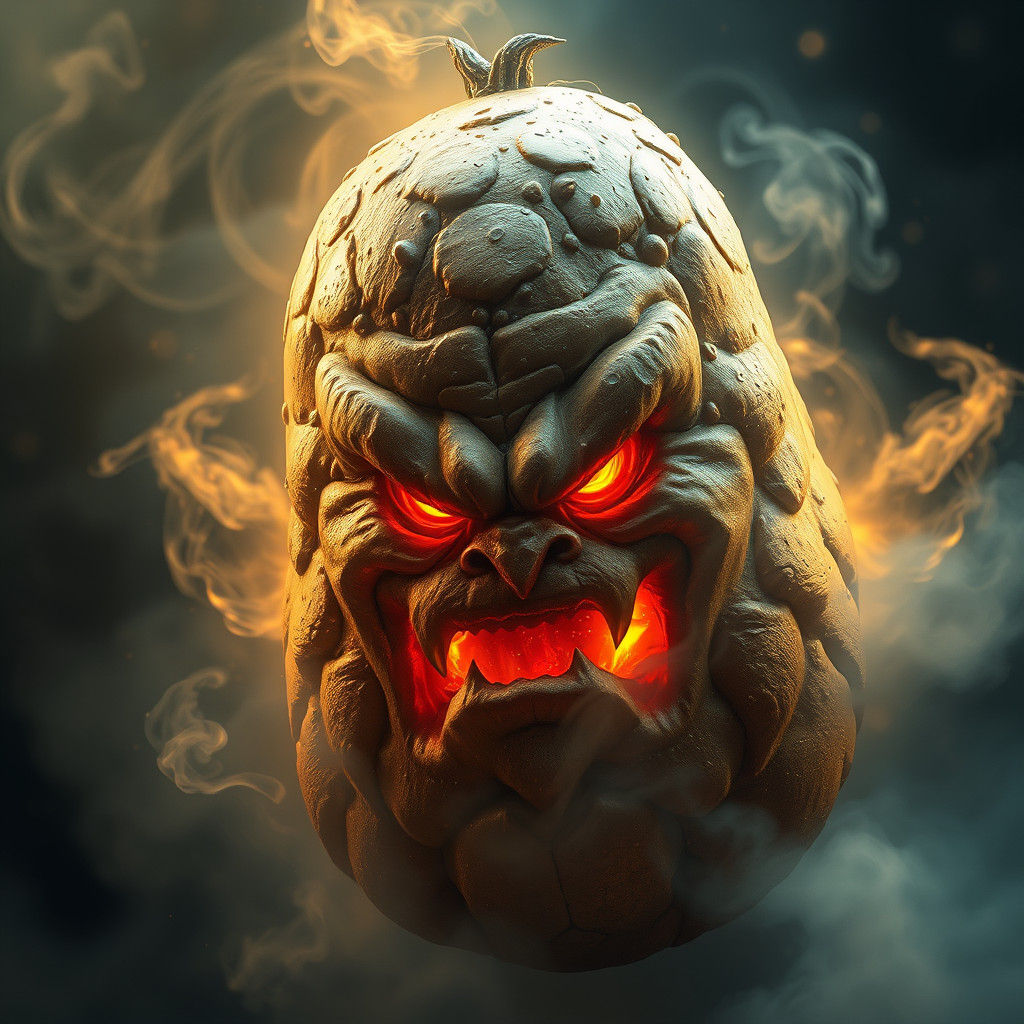 Majestic Enraged Potato Conjured in Mystical Fog