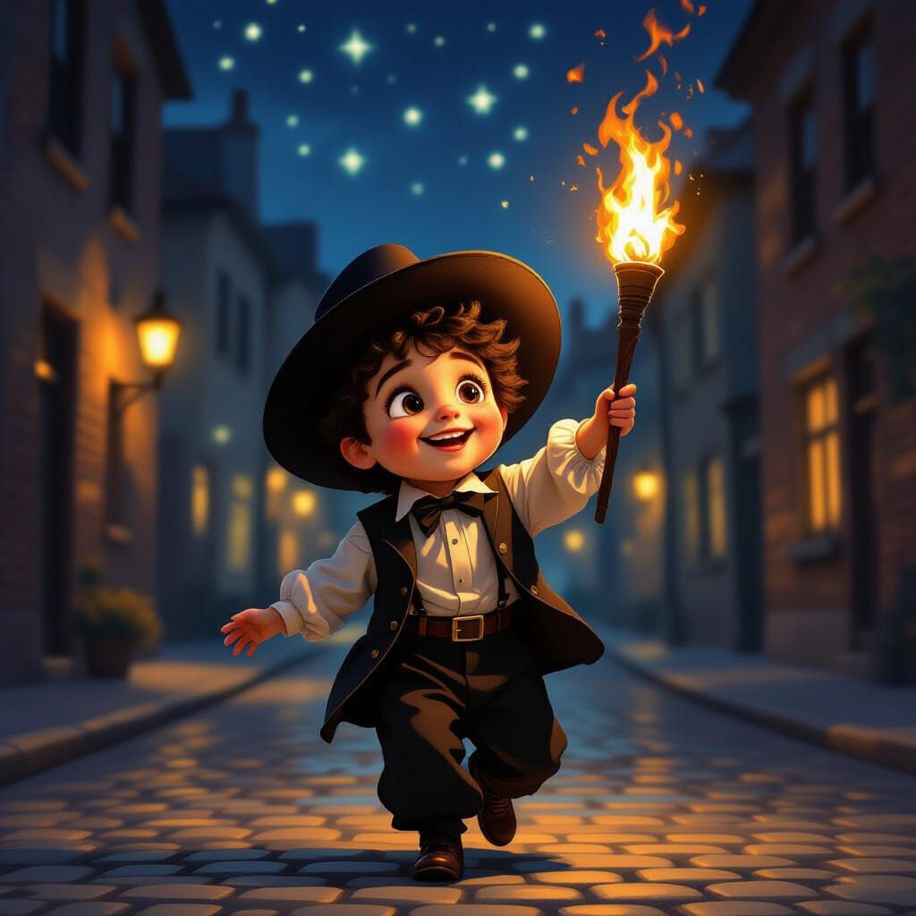 Hasidic Boy Dances with Fiery Torch Under Starry Sky