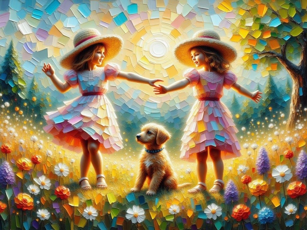 Joyful Garden Scene in Impasto Oil Painting Style