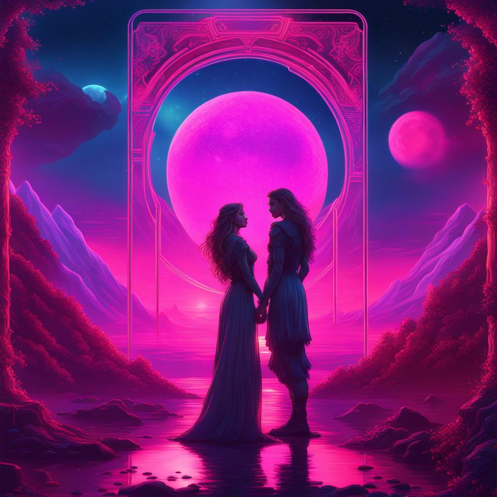 Lovers Tarot Card with Alchemy Border in Synthwave Style