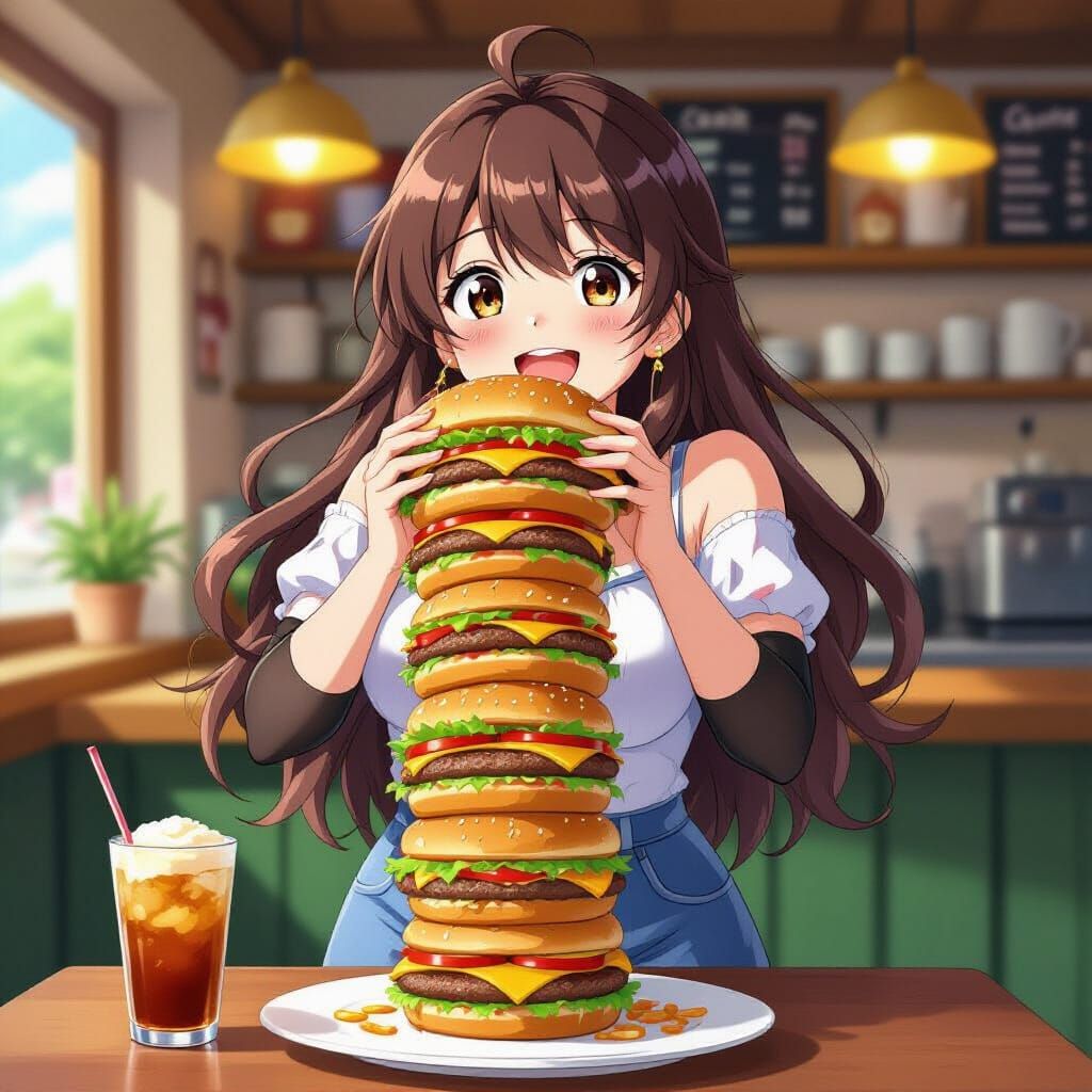 Anime Girl Joyfully Eats Gourmet Burgers