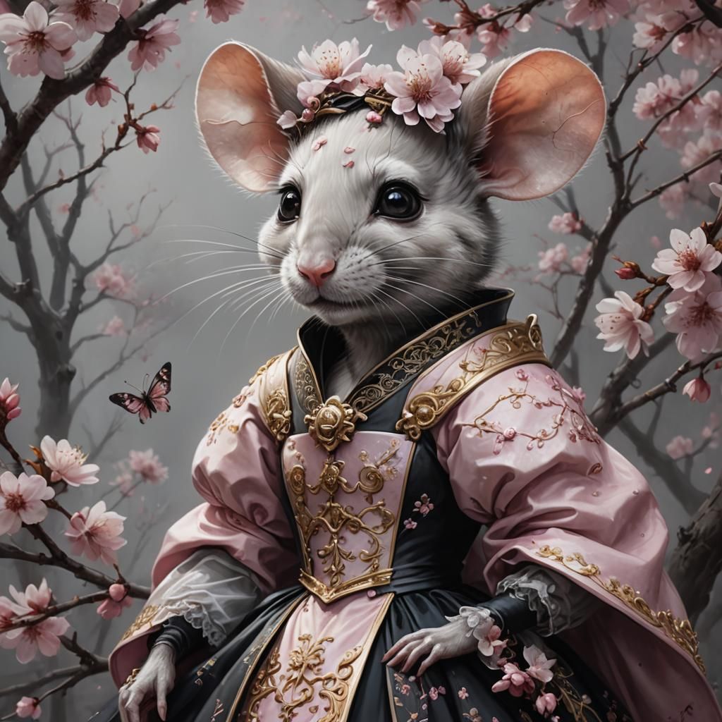 Victorian Mouse Woman in Cherry Blossom Setting