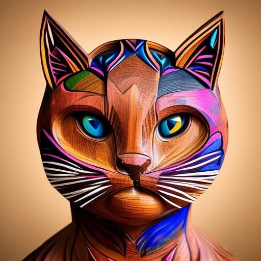 Hyperrealistic Wood Carved Cat in Headgear