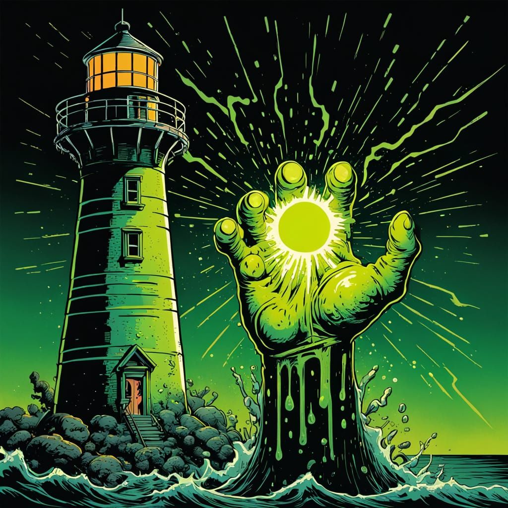 Neon Horror Creature Erupts from Lighthouse, Comic Style