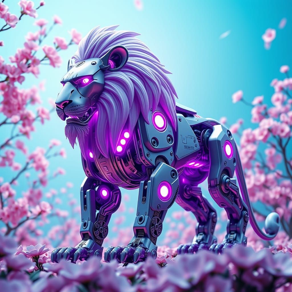 Cyborg Lion in Futuristic Bloom