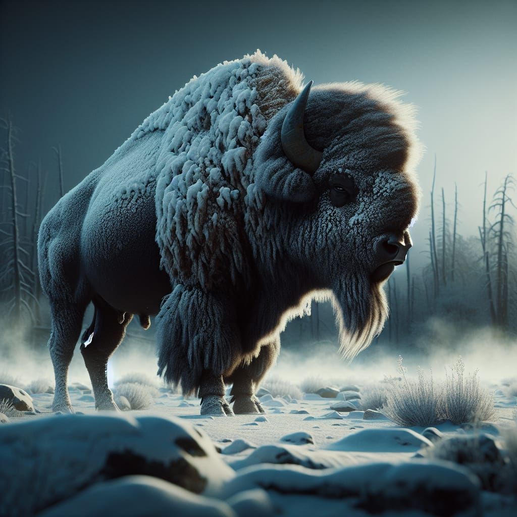 Hyperrealistic Bison in Winter Landscape
