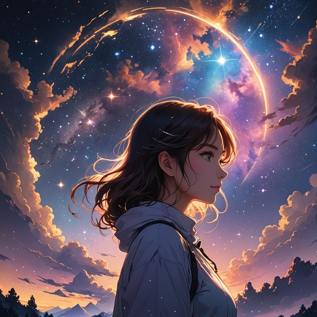 Beautiful Woman in Cosmic Frame: Anime-Inspired Illustration