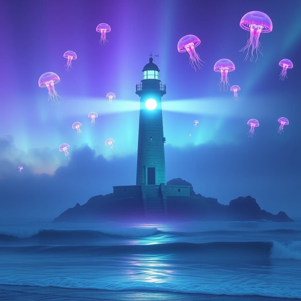 Mystical Lighthouse Illuminates the Endless Sea with Neon Ra...