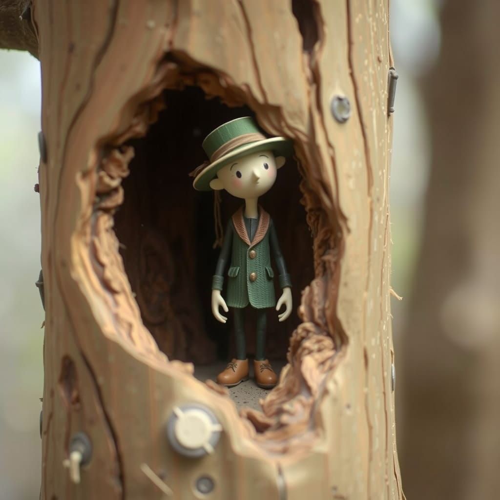 Stick Figure Home in Tree Trunk Carving