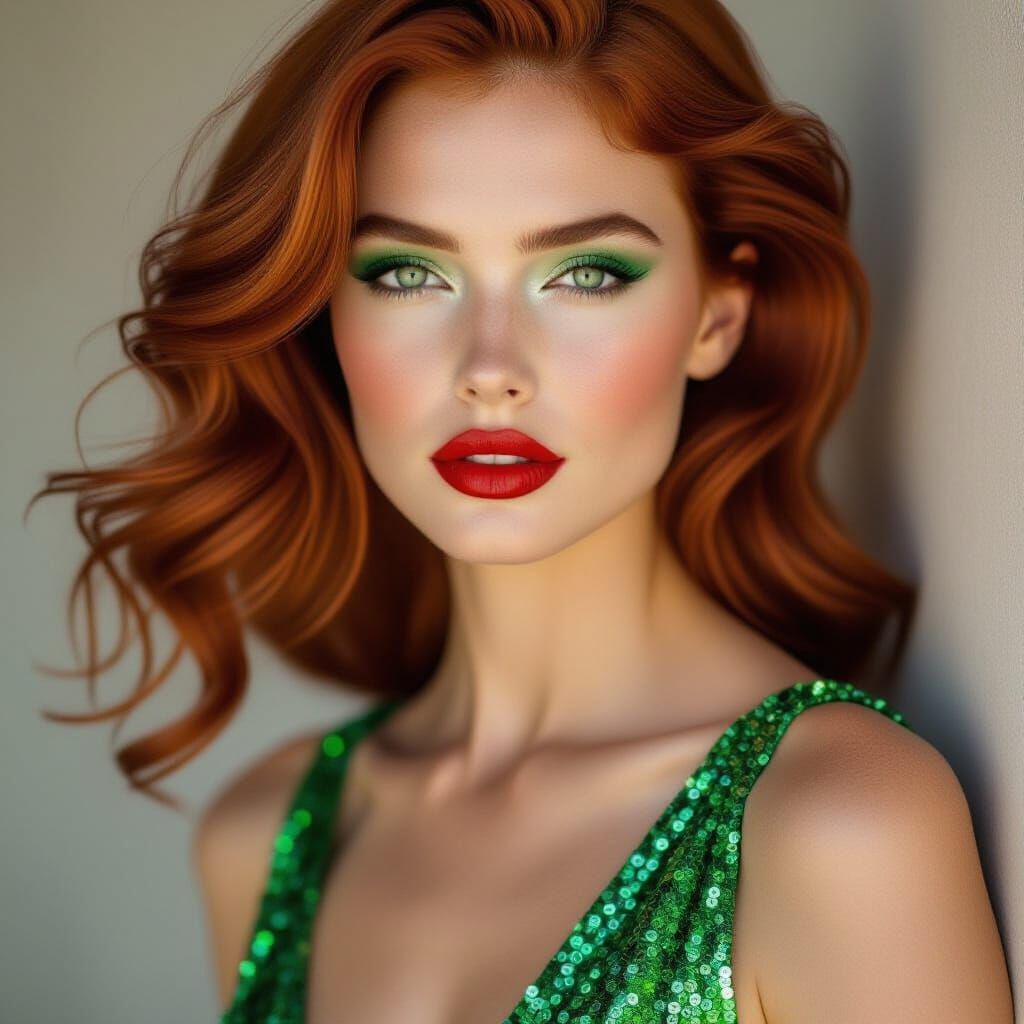 Elegant Supermodel Portrait with Windswept Auburn Hair