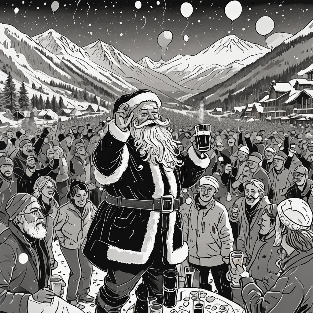 Festive Après-Ski Party with Santa in Line Drawing Style