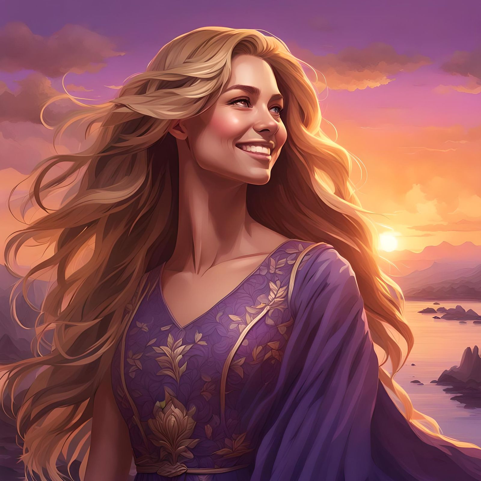 Smiling Woman Portrait with Sunset, Art Nouveau Style