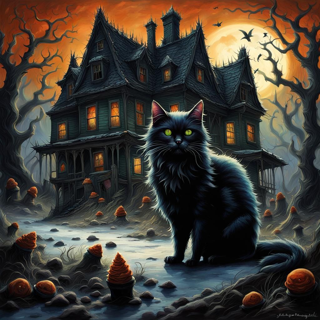 Horrorpunk Haunted House With Thorny Black Cat