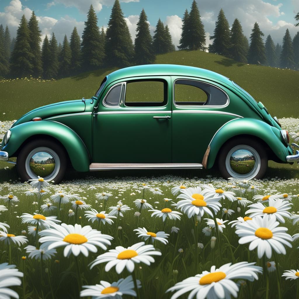 Guinea Pig Driving a VW Beetle in Daisy Field