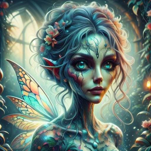 Tim Burton Fairy in Magical Garden: Digital Art
