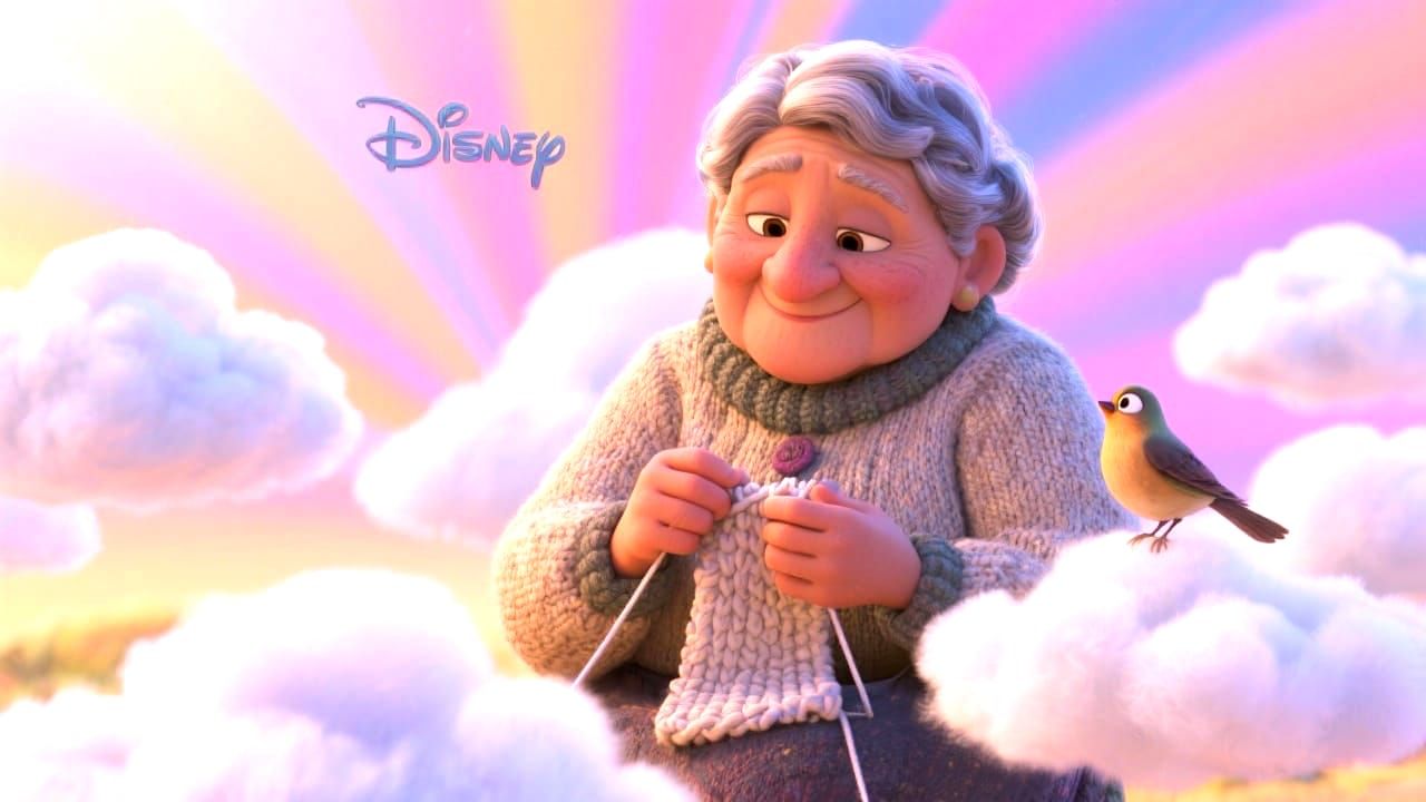 A grandma knits clouds while a bird chirps at her in the sty...