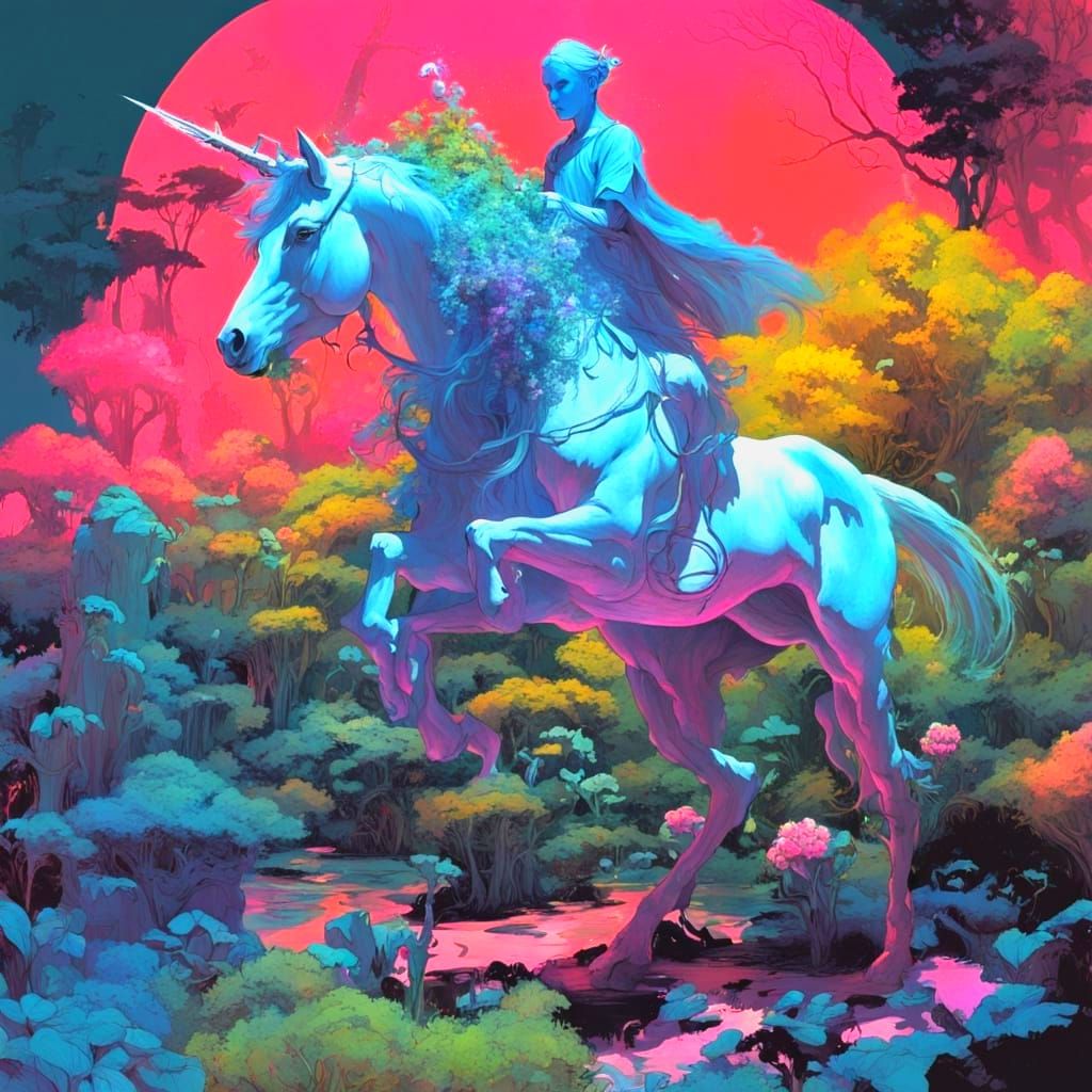 Ethereal Muse Rides Unicorn Through Neon Dreamscape