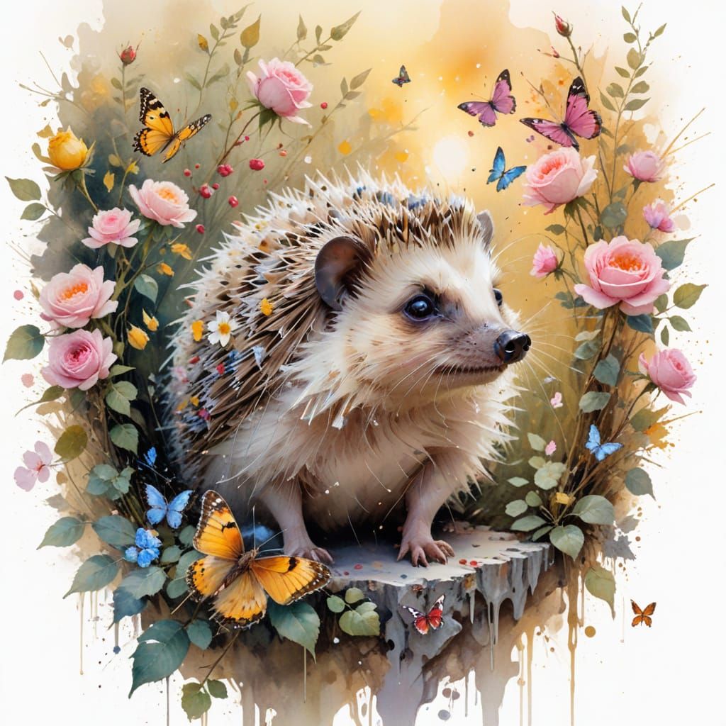 Hedgehog in Garden with Roses and Butterflies, Watercolor St...