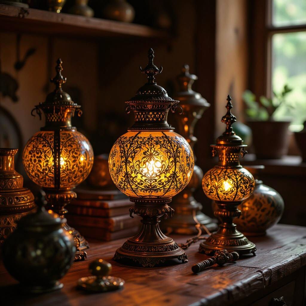 Ornate Antique Objects with Golden Lighting