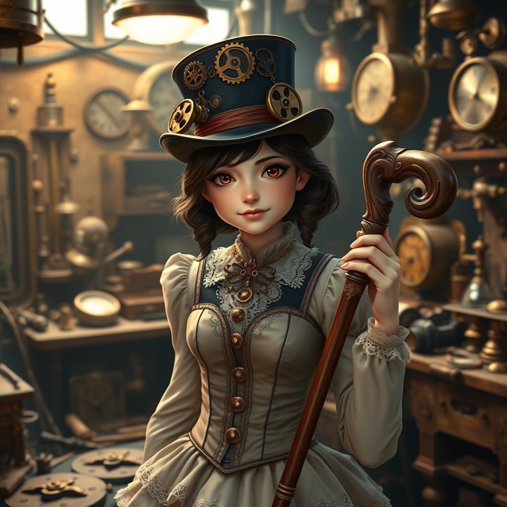 Steampunk Woman in Workshop with Clockwork Tools