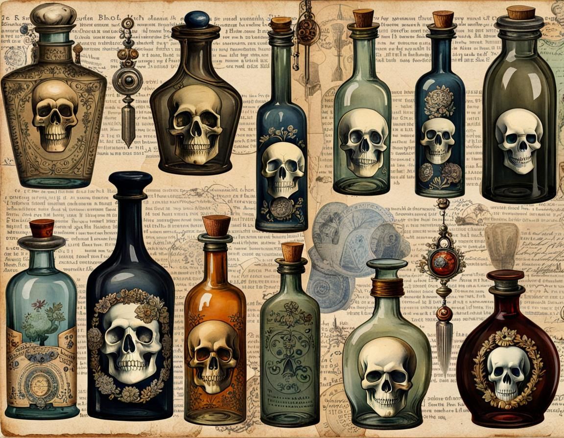 Vintage Apothecary Bottles with Spooky Ephemera