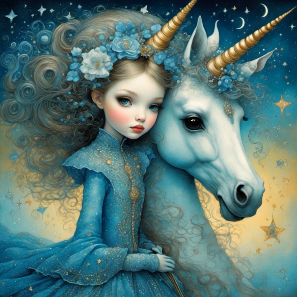 Girl Rides Unicorn in Dreamy Oil Painting Style