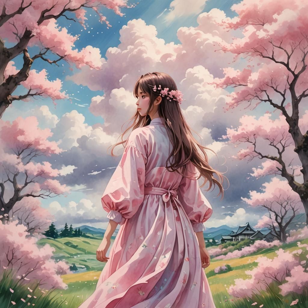 Pastel Fantasy World with Girl in Pink Dress