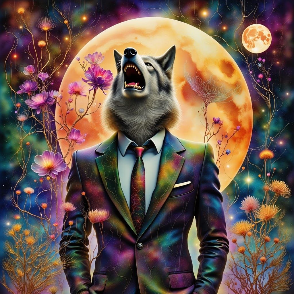 Wolf Howling at Moon with Impossible Architecture