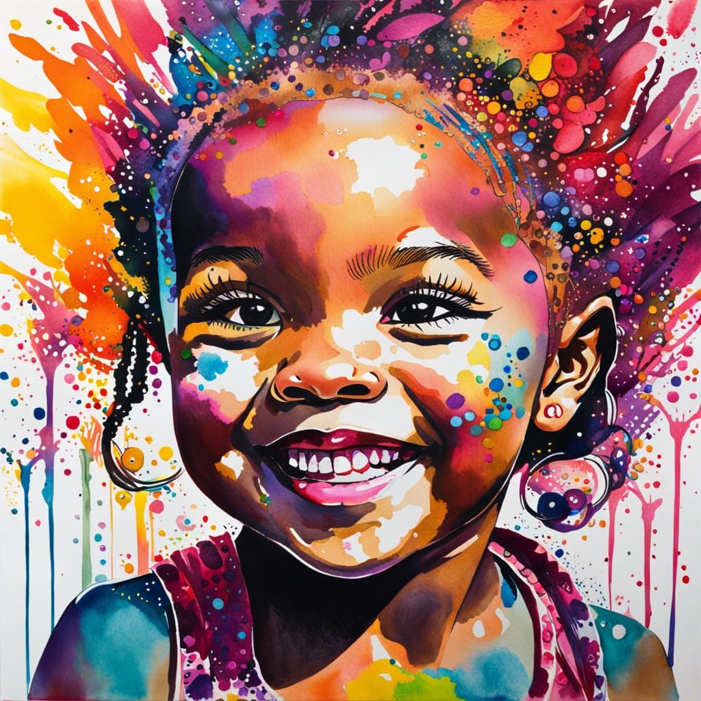 Joyful Girl with Mom's Makeup: Aquarelle Portrait