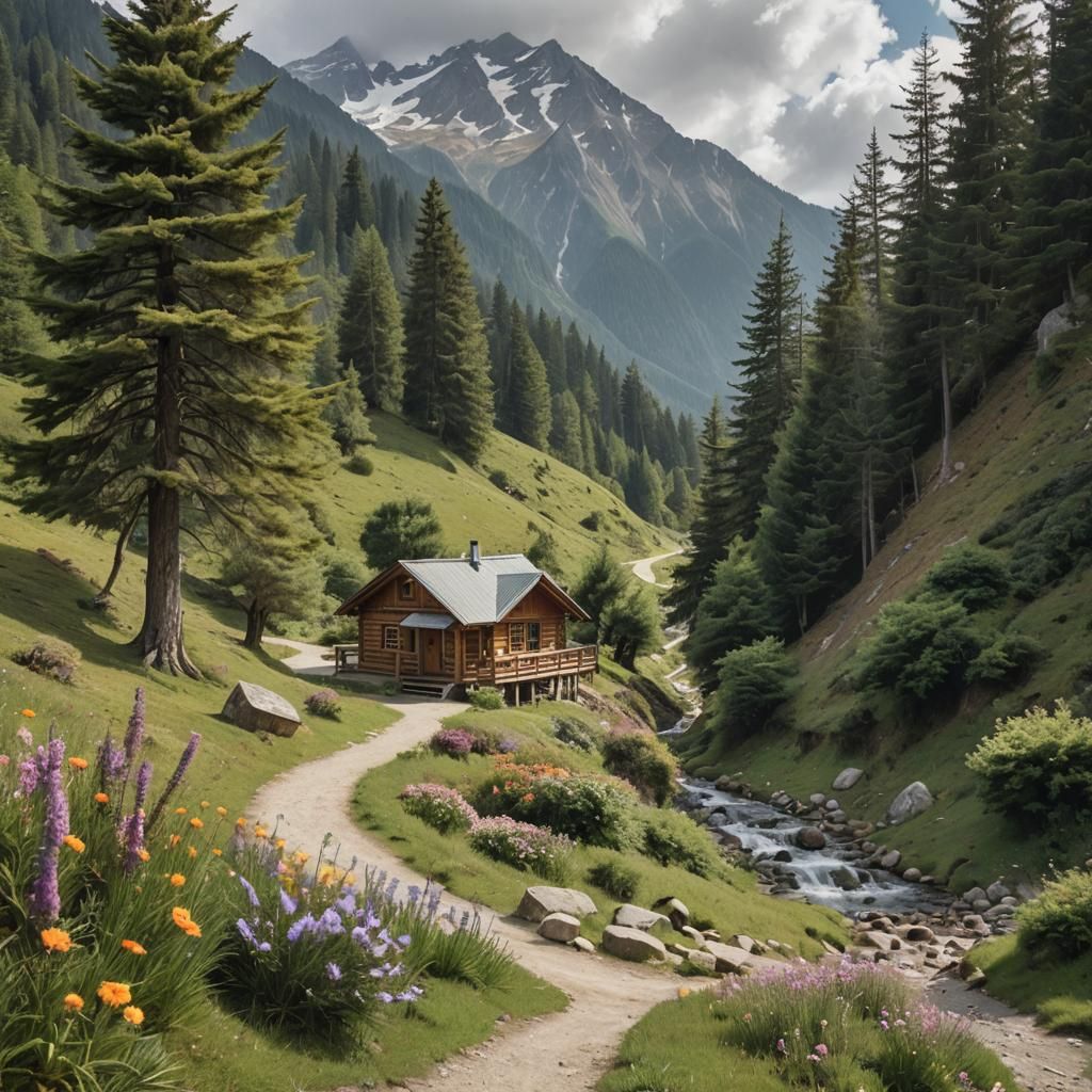 Mountain Cabin with Waterfall, Cinematic Film Still