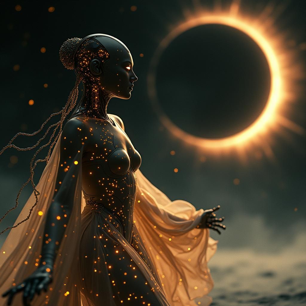 Robotic Geisha Dances near Black Hole: Cinematic Still