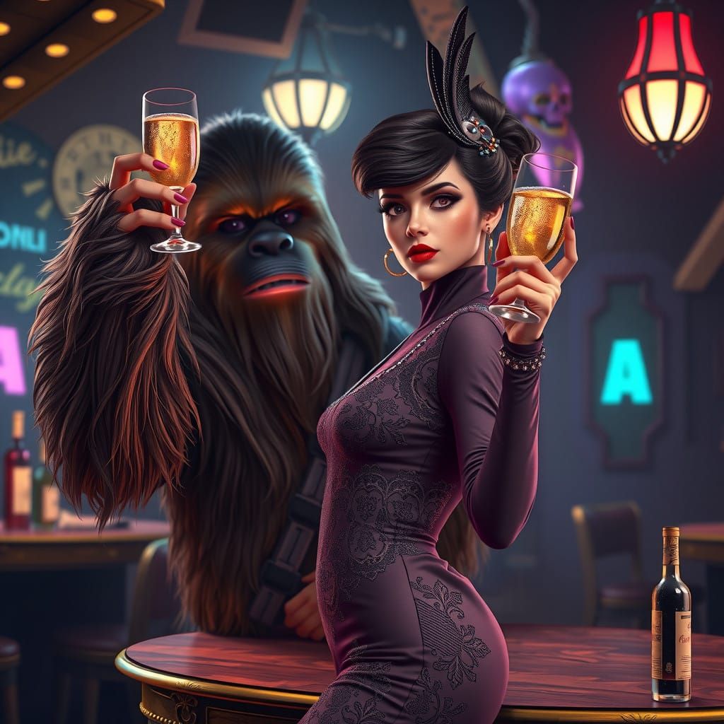 Gothic Flapper Girl Toasts with Chewbacca in a Dazzling West...