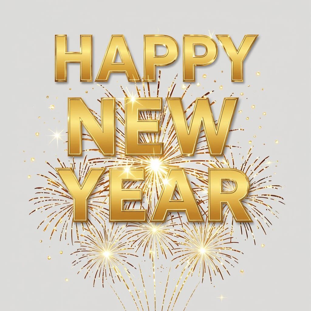 Golden Happy New Year Text with Fireworks