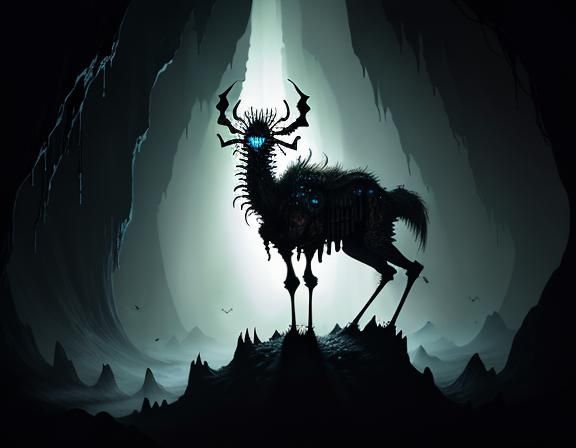 Furry Skeleton in Dimly Lit Cave