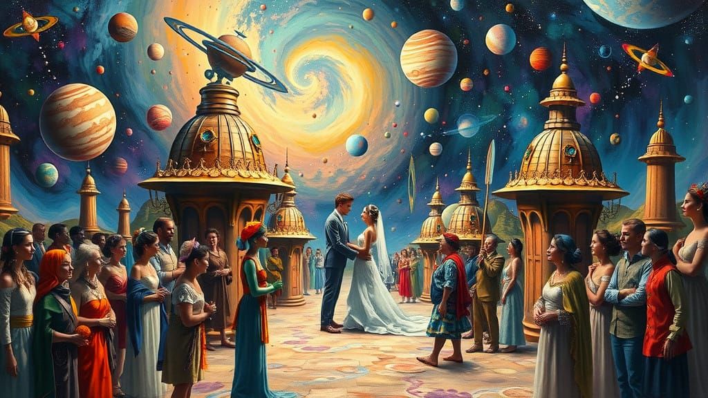 Celestial Village: Intergalactic Joy and Surreal Union