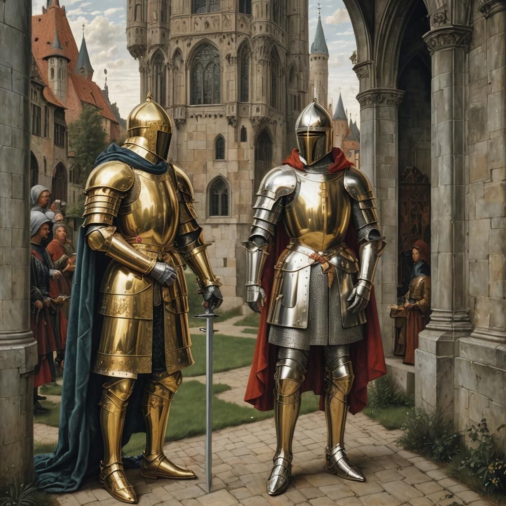 Knights in Gold and Silver Armor, Van Eyck Style