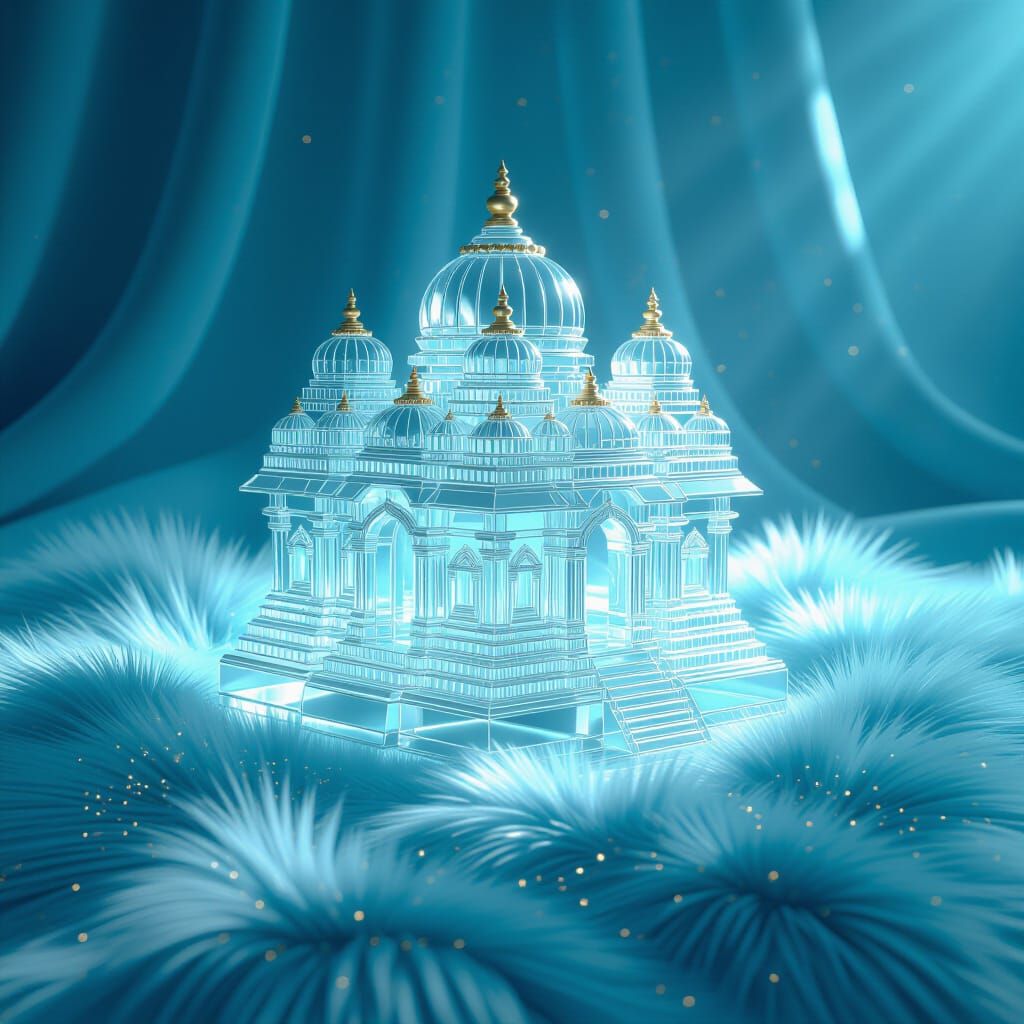 Transparent Glass Indian Temple on Cyan Fur