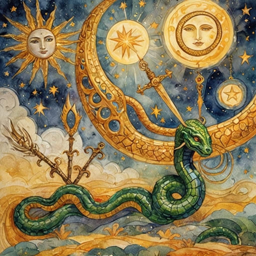 Serpent Hit by Dagger in Klimt-Inspired Watercolor