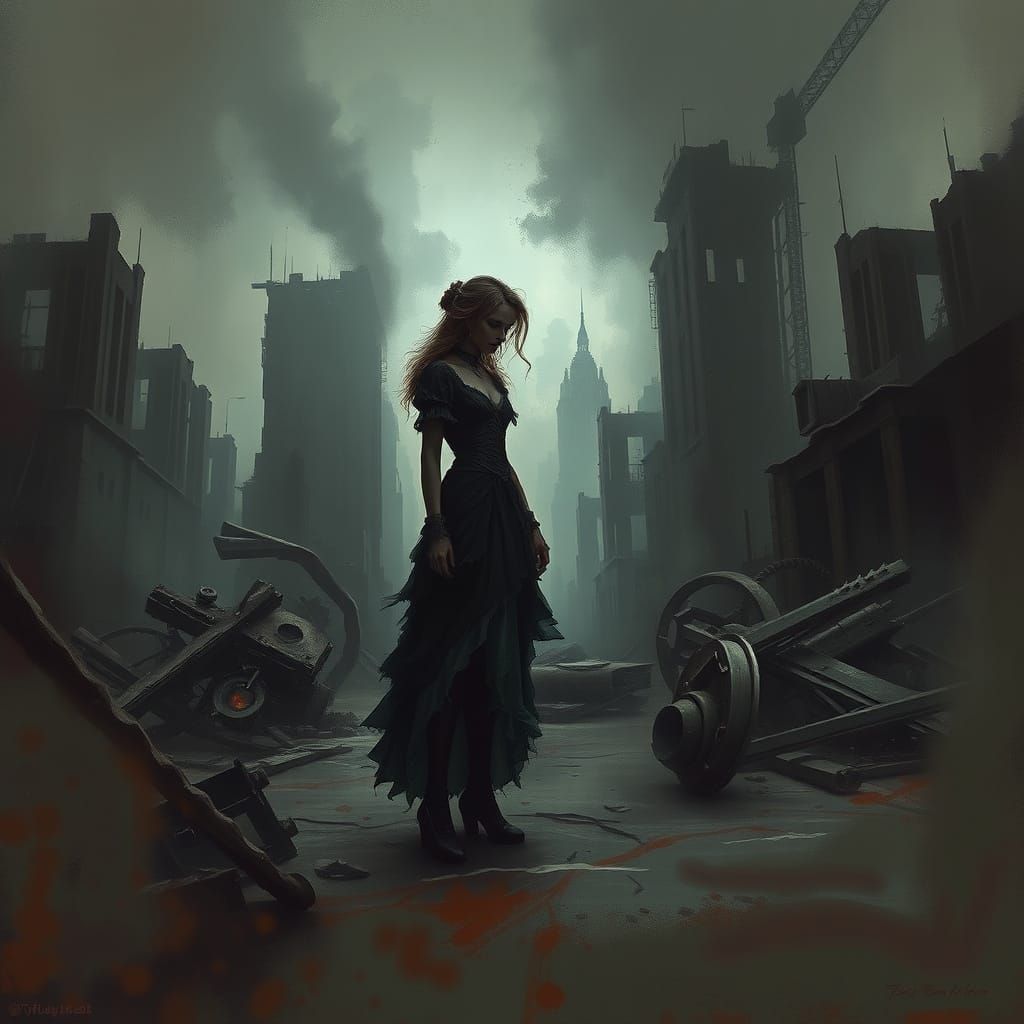 Gothic Harbinger of Chaos in a Ruined Cityscape