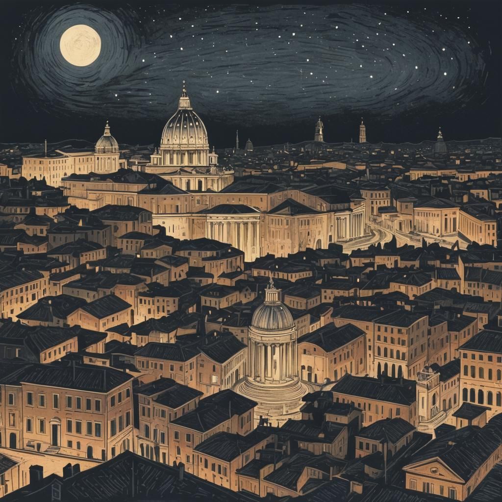 Rome City at Night in Linocut Style