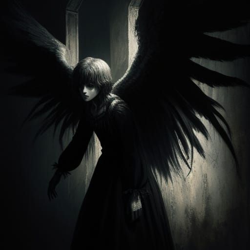 Surreal Child Angel in Dark Attic Oil Painting