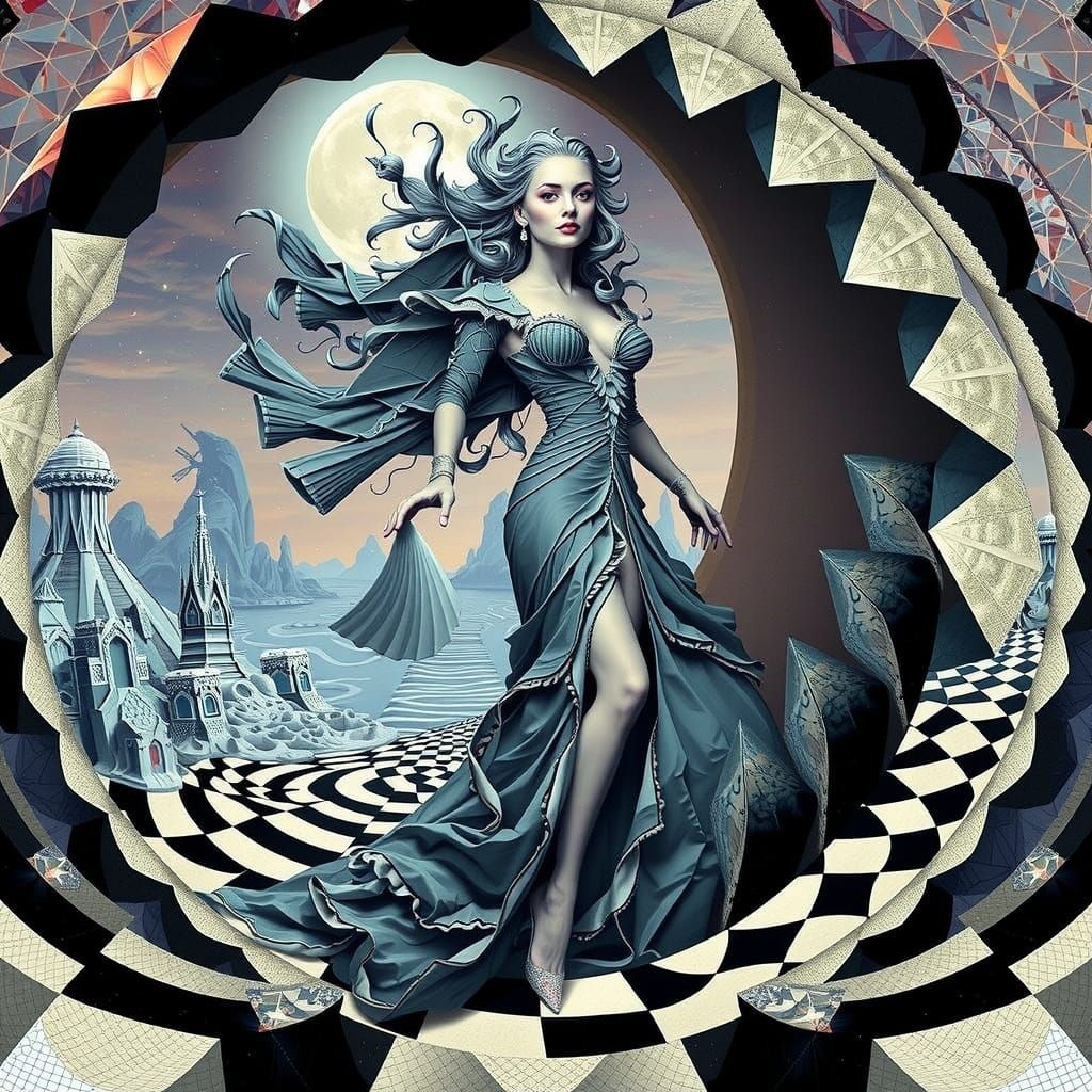 Woman in Fractal Realm: Escher, Mead, Riley Inspired