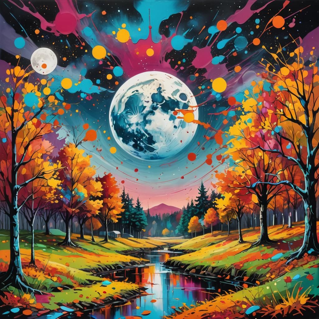 Surreal Moon over Pop Art Autumn Landscape