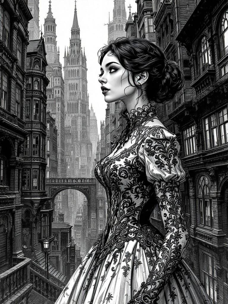 Elegant Gothic Woman in Victorian Dress Stands in Urban Land...