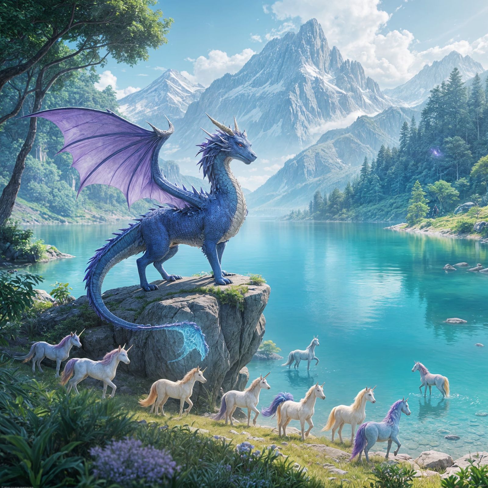 Majestic Dragon Overlooking Lake with Unicorns in Anime 3D S...