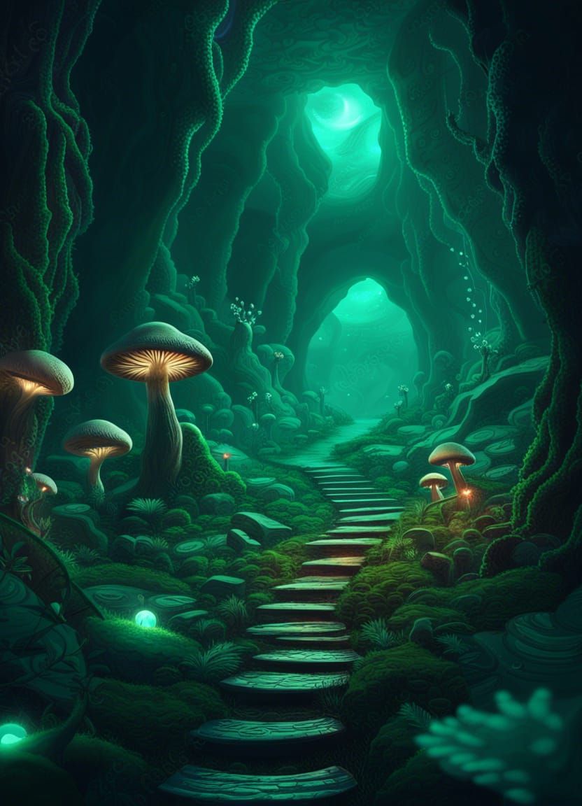 Futuristic Mushroom Cave Trail in Dark Sea Green