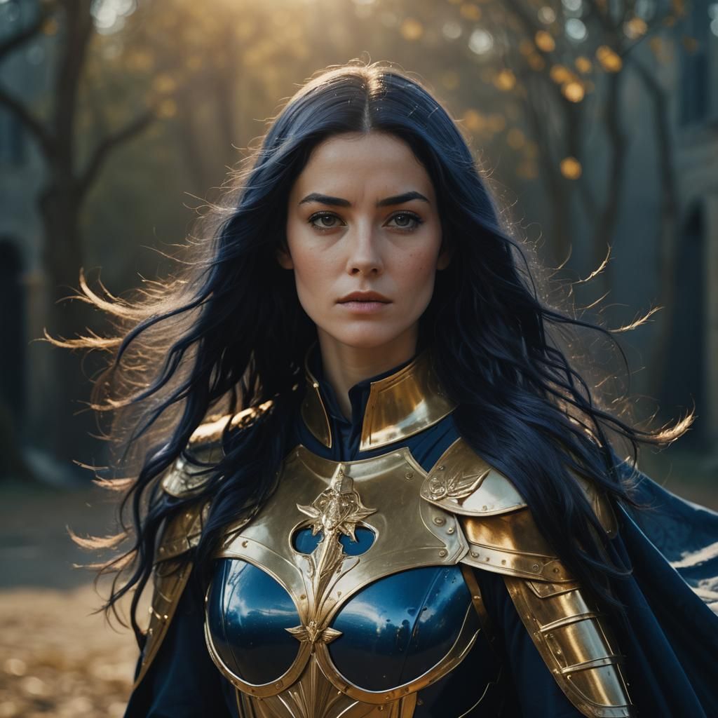 Woman in Gemini Armor with Flowing Cloak