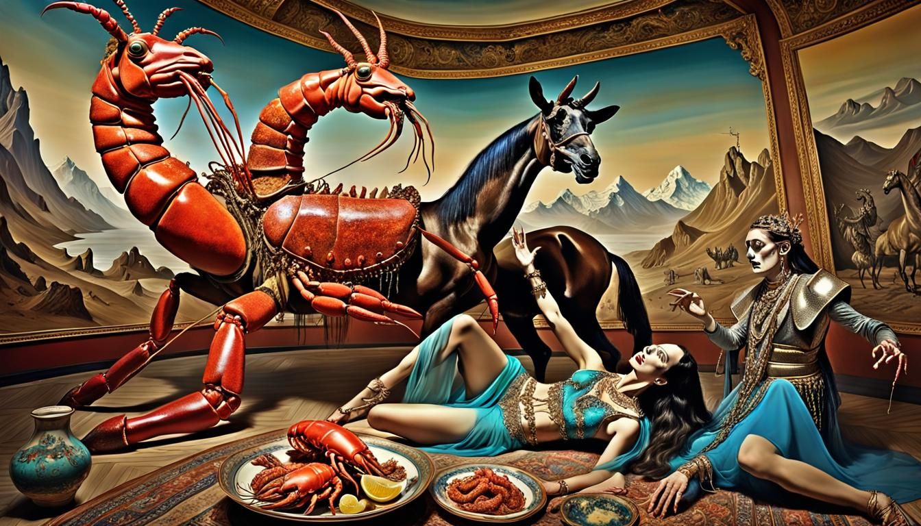 Surreal Lobster Feast: A Dali-esque Mixed Media Masterpiece
